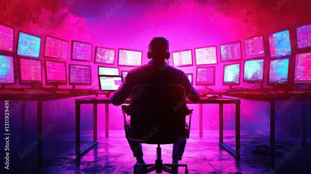 Poster a person working on multiple computer monitors in a vibrant, futuristic setting.