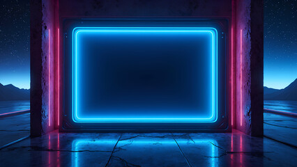 A futuristic neon-lit space featuring a glowing rectangular frame against a dark, starry background.