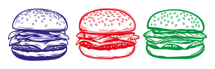 three colorful artistic illustrations of burgers with detailed design. For advertisements, culinary-themed projects or packaging designs.
