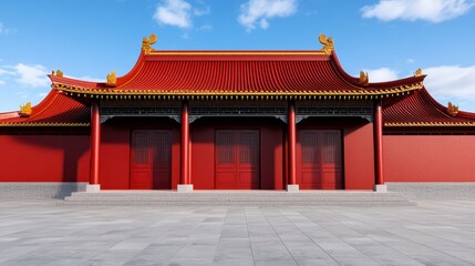 Obraz premium Traditional Asian Temple Architecture with Red Roof and Columns