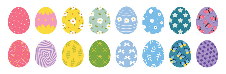 Easter eggs with floral patterns. Drawing clipart set. Happy easter eggs, color meadow flowers. Multicolored symbols for traditional celebration. Vector illustration, oval shape elements. Decoration