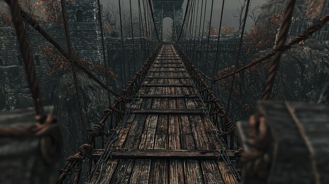 Fototapeta Haunted medieval rope bridge, misty ruins, perilous journey
