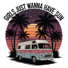 Sunset Tee Vector: "Girls Sun" with Camper Palms