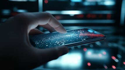 A close-up of a hand holding a smartphone with holographic images popping out in a modern tech setting.