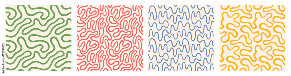 Aufkleber continuous twisted line seamless repeat vector patterns set. fluid curved wriggling endless wavy str