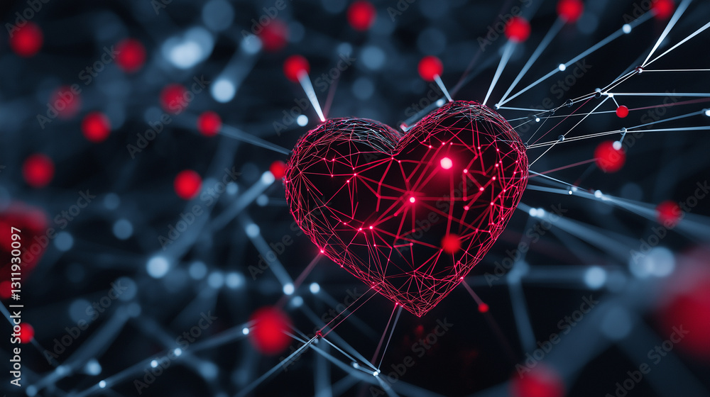 Poster a 3d rendered visualization of a heart-shaped network of interconnected glowing nodes, symbolizing d