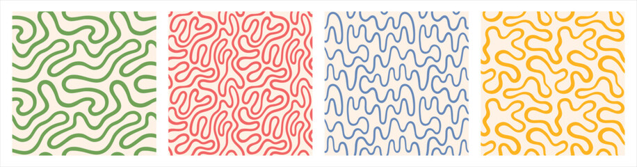 Continuous twisted line seamless repeat vector patterns set. Fluid curved wriggling endless wavy stripe. Liquid funky organic ornaments, groovy square backgrounds. Doodle uneven hand drawn waves lines