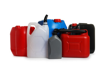 Many different plastic canisters isolated on white