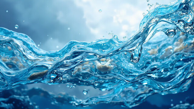 A dynamic view of flowing water with splashes and bubbles, illuminated by light, creating an energetic and refreshing atmosphere.