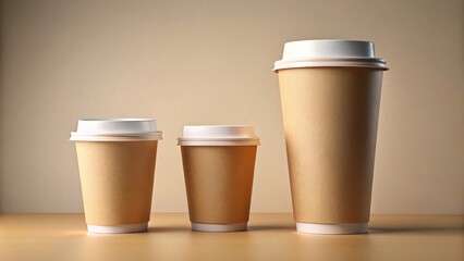 Three kraft paper cups with white lids, arranged in ascending size order on a neutral background