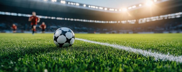Naklejka premium A close-up of a soccer ball on the field during a vibrant match in the stadium.