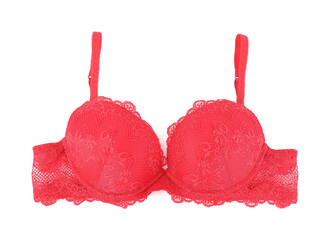 Beautiful red bra isolated on white, top view