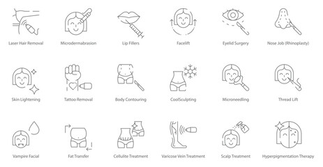 Laser Hair Removal, Microdermabrasion, Lip Fillers, Facelift, Eyelid Surgery, Rhinoplasty, and Skin Rejuvenation Vector Icon Set