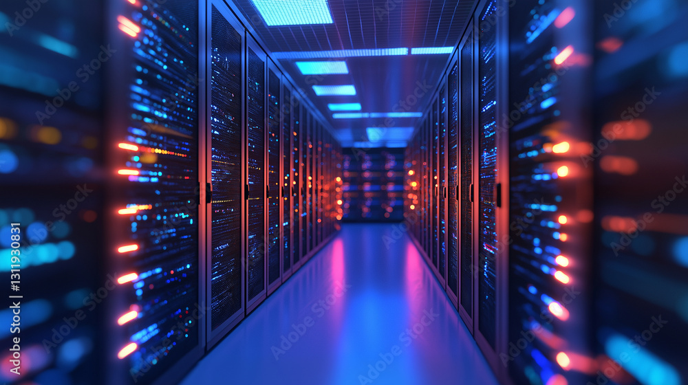 Poster a conceptual image of a modern data center with rows of servers and glowing fiber optic cables.