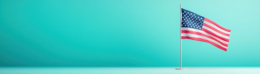 An American flag waving against a teal background, symbolizing patriotism and freedom.