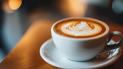 A close-up of a cup of cappuccino with intricate latte art in a cozy cafÃ© setting.