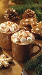 Two mugs of steaming hot cocoa topped with marshmallows, gingerbread cookies, and pinecones, arranged on a rustic wooden table with festive greenery for a cozy holiday feel.. AI Generation