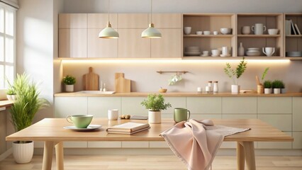Serene Kitchen Table Setting with Light Wood Accents and Soft Pastel Colors