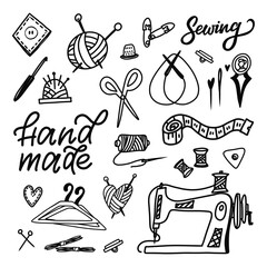 Obraz premium Hand-Drawn Sewing Tools and Handmade Craft Supplies Illustration, Featuring Needles, Scissors, and Knitting Supplies for Crafting Projects. EPS 10