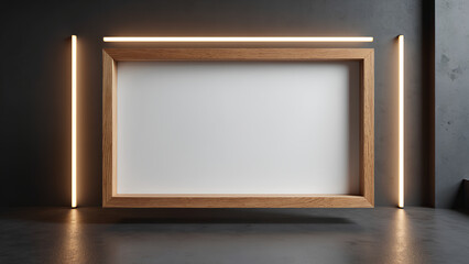 A minimalist wooden frame illuminated by soft lights, set against a dark background, creating a modern and stylish display.