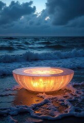AI Generated Futuristic Luminous Object by Ocean Waves for Social Media Ads, Product Display, and Digital Marketing

