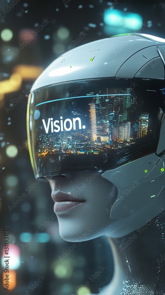 Poster side view of a futuristic ai head wearing a glossy visor reflecting an urban cityscape, showcasing a