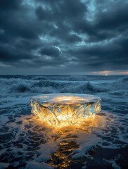 AI Generated Futuristic Luminous Object by Ocean Waves for Social Media Ads, Product Display, and Digital Marketing
