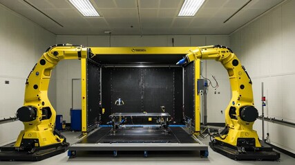 Advanced robotic arms positioned for industrial automation in a modern facility workspace during a training session