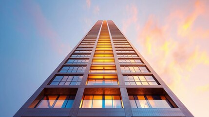 A stunning view of a modern skyscraper against a colorful sky at sunset.