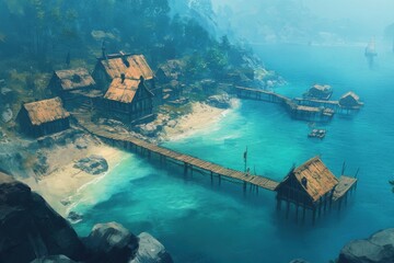 Obraz premium Coastal village on stilts with wooden piers surrounded by clear blue waters at dawn