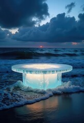 AI Generated Futuristic Luminous Object by Ocean Waves for Social Media Ads, Product Display, and Digital Marketing
