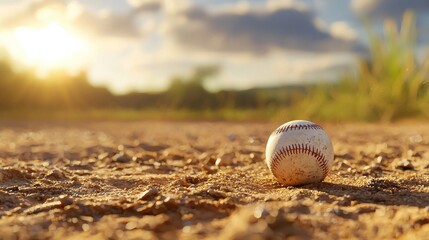 A baseball rests on the ground, illuminated by warm sunlight and surrounded by nature.