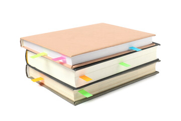 Books with colorful tabs isolated on white