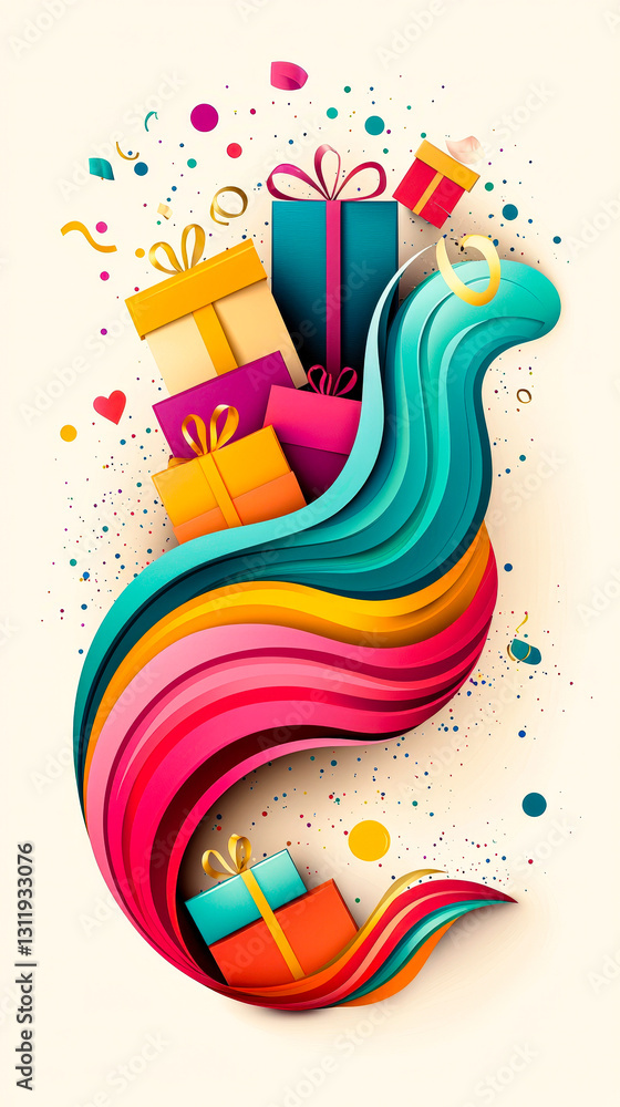 Poster vibrant waves in various colors intertwine with artistic gift boxes, showcasing a lively and festive