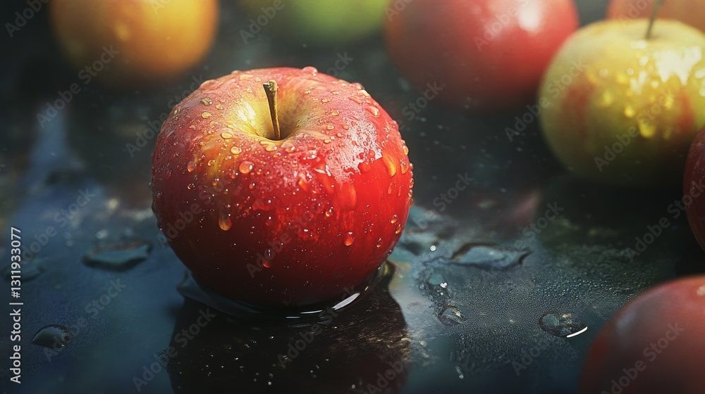Poster a single red apple with water droplets sits on a wet reflective surface, surrounded by blurred apple