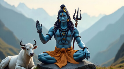 God Shiva seated in deep meditation and accompanied by his loyal white bull Nandi, set against a serene misty mountain backdrop