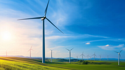 A conceptual image of a wind farm with turbines spinning in the countryside, symbolizing clean energy production.