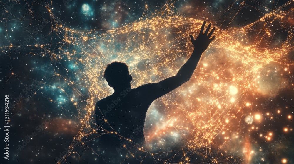 Poster a striking silhouette of a man reaching out to a glowing neural network in space, symbolizing connec