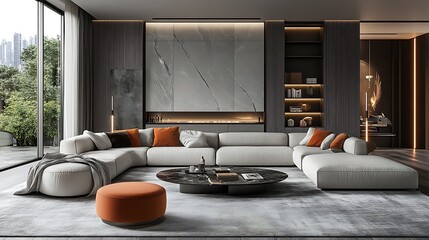 Modern living room with L-shaped sofa, marble wall, and city view.