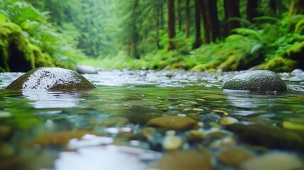 Fototapeta premium Tranquil River Scene with Smooth Stones and Lush Green Forest