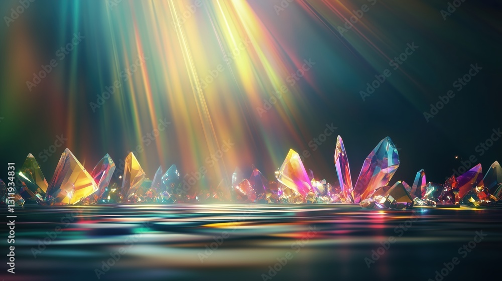 Fototapete Futuristic abstract holographic background with colorful light rays reflecting on crystal structures, creating a glowing spectrum effect on a dark floor. Vibrant neon lights and prismatic refractions 