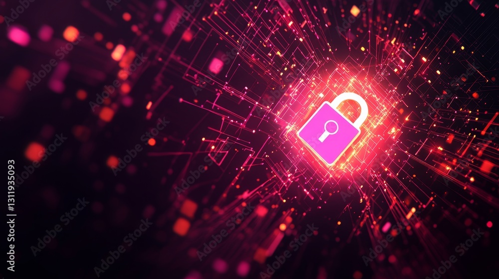 Poster securing digital access iconic lock and encryption virtual space graphic design cybersecurity digita