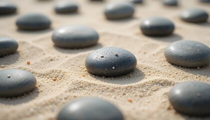 Neatly Arranged Smooth River Stones on Soft Sand Macro