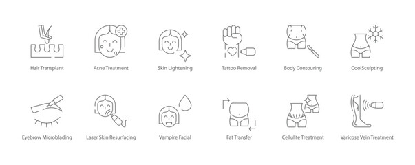 Hair Transplant, Acne Treatment, Skin Lightening, Tattoo Removal, Body Contouring, Eyebrow Microblading, and Vampire Facial Vector Icon Set