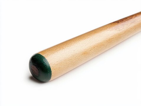 A close-up of a wooden baseball bat, showcasing its smooth surface and rounded end, emphasizing craftsmanship and sports equipment.