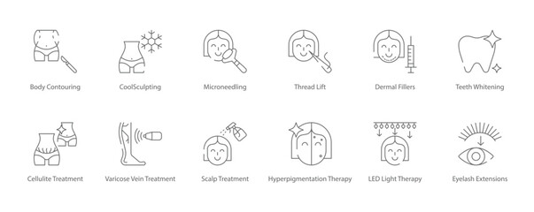 Body Contouring, CoolSculpting, Microneedling, Thread Lift, Dermal Fillers, Teeth Whitening, Cellulite and Varicose Vein Treatment Vector Icon Set