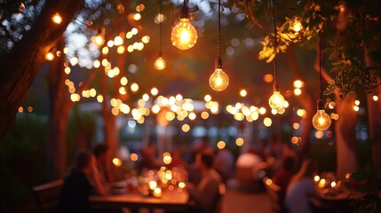 A cozy outdoor dinner event features guests enjoying their meals under glowing string lights amidst lush greenery, creating an inviting ambiance as twilight falls