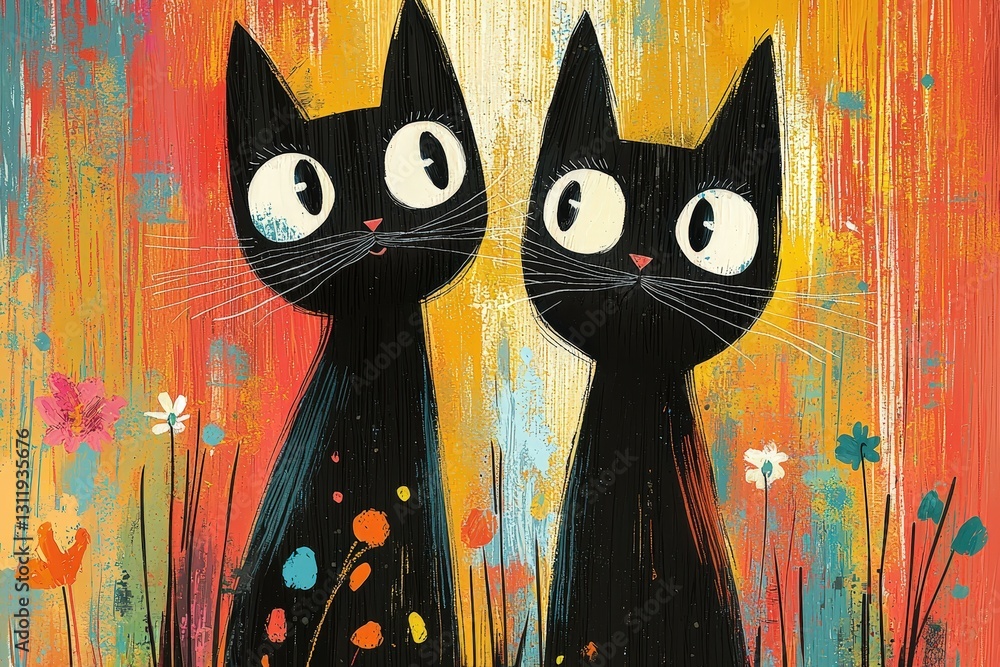 Poster Two charming black cats stand side by side, gazing ahead with big eyes, surrounded by a colorful, textured backdrop of flowers and abstract patterns in spring