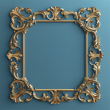 Elegant Golden Frame on a Rich Blue Background: A Luxurious and Classic Design for Creative Projects, vintage gold frame with floral ornament
