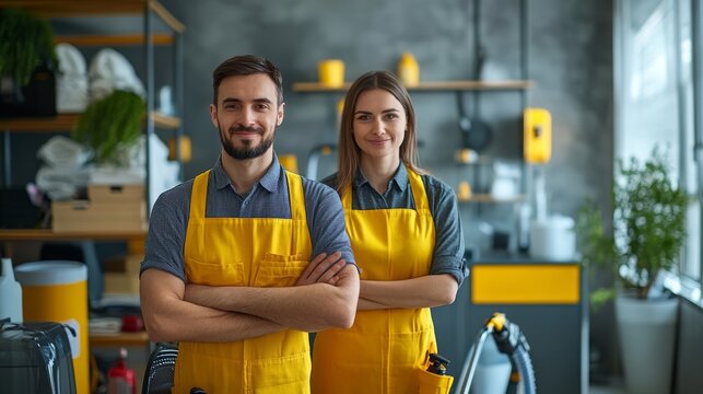 A professional cleaning team with vacuums and cleaning supplies, standing in a tidy, modern room, with ample space in the background for promotional content